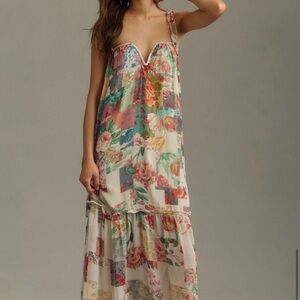 NWT Anthropologie Multicolor Floral Patchwork Chiffon Shift Midi Dress